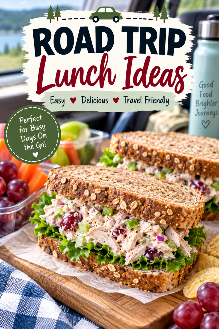Chicken salad sandwiches with grapes, fruit, and vegetables for easy travel-friendly road trip lunch ideas.