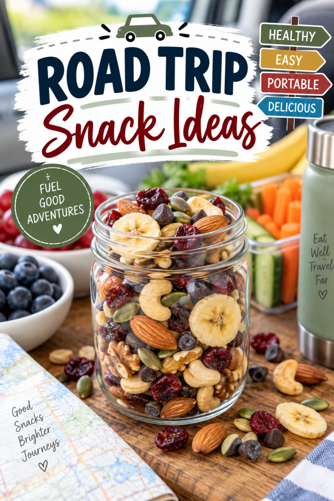 road-trip-snack-ideas Homemade trail mix with nuts, dried fruit, seeds, banana chips, and chocolate chips for easy road trip snacks.
