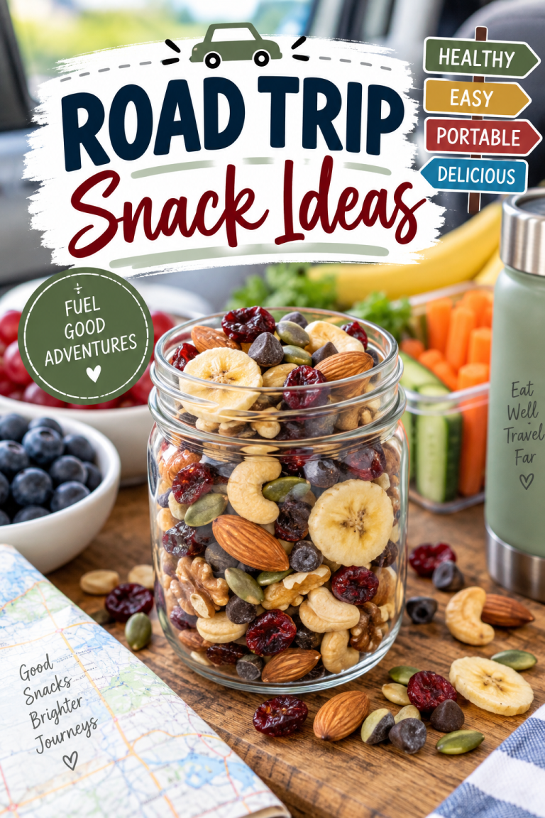 Homemade trail mix with nuts, dried fruit, seeds, banana chips, and chocolate chips for easy road trip snacks.