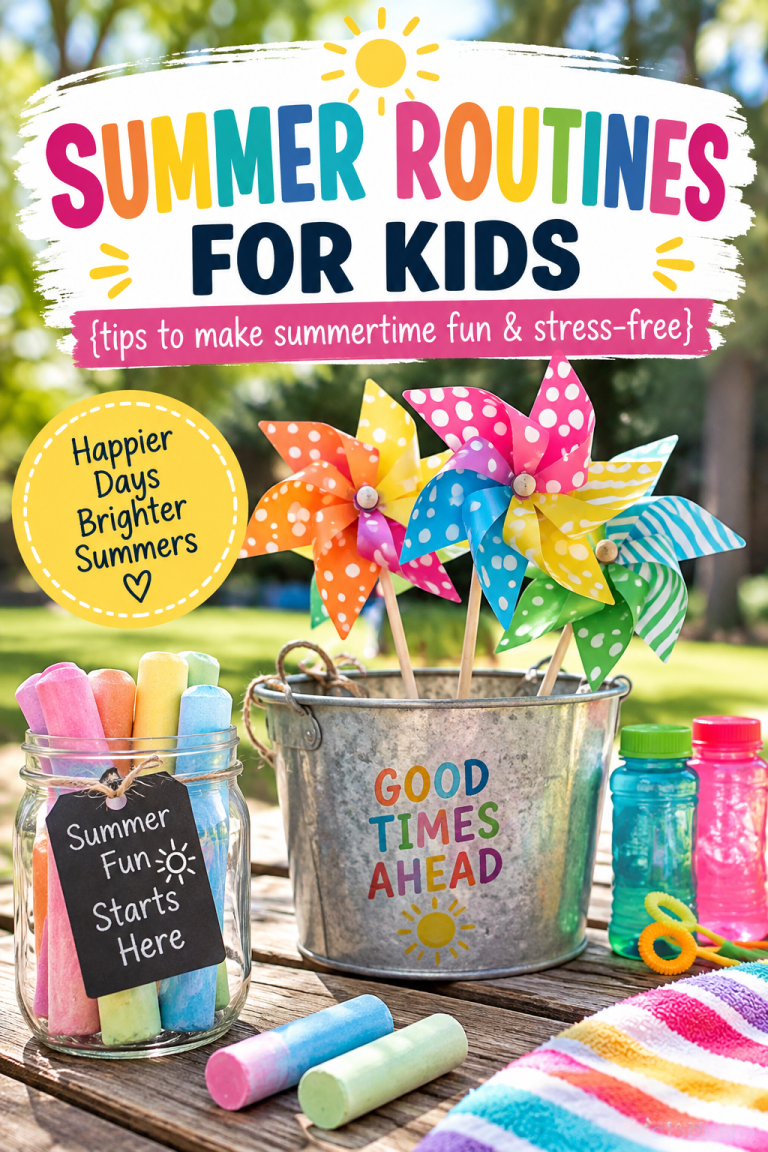 Colorful pinwheels, sidewalk chalk, and bubbles representing simple summer routines and activities for kids.