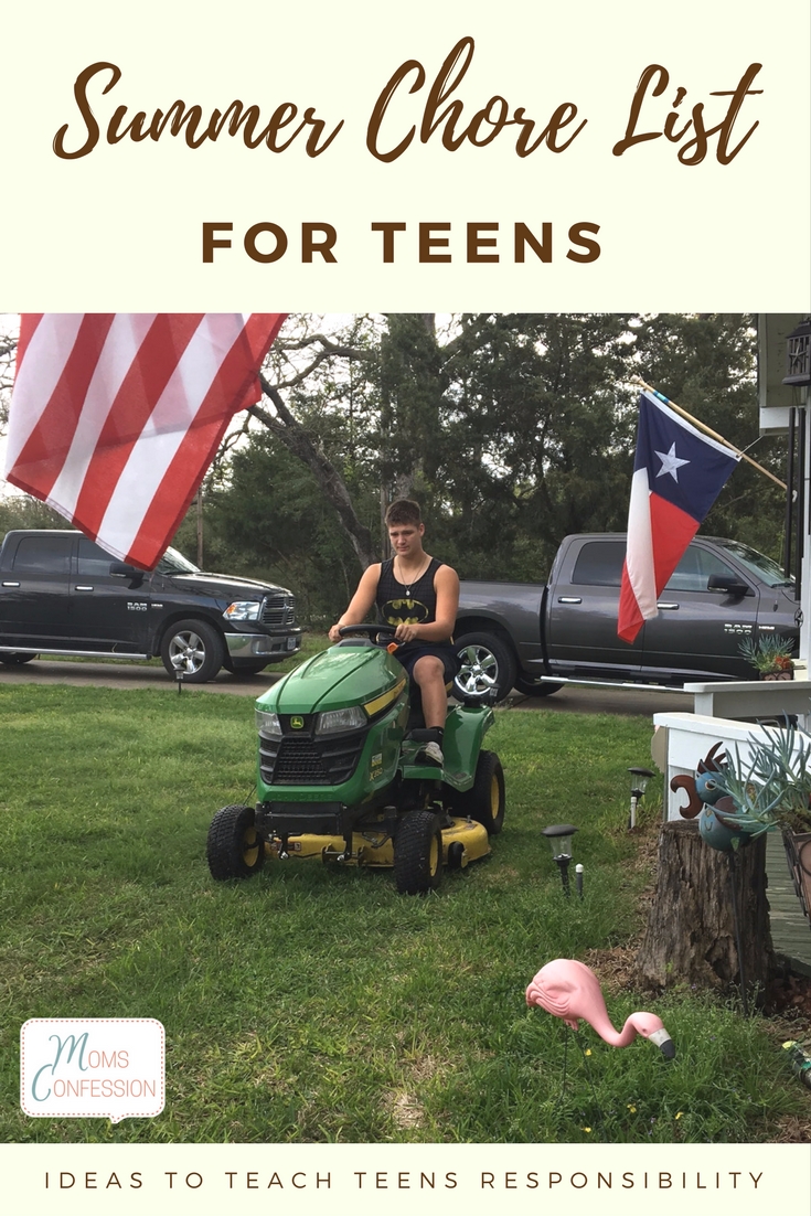 A summer chore list for teens isn't just about having help around the house, but about teaching your teenagers responsibilities. These chores for teens will help, plus there's a free summer chore schedule to print too! boy riding on a lawnmower