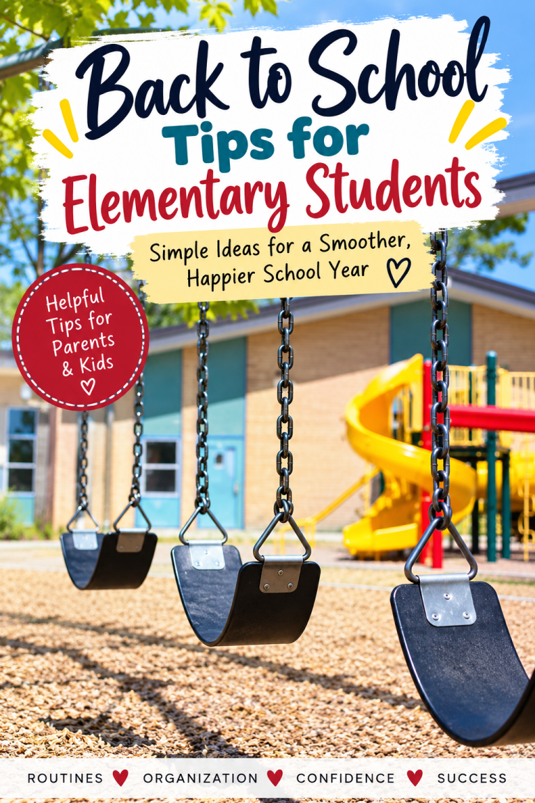 Elementary school playground with back to school tips for helping kids build routines, stay organized, and have a successful school year.