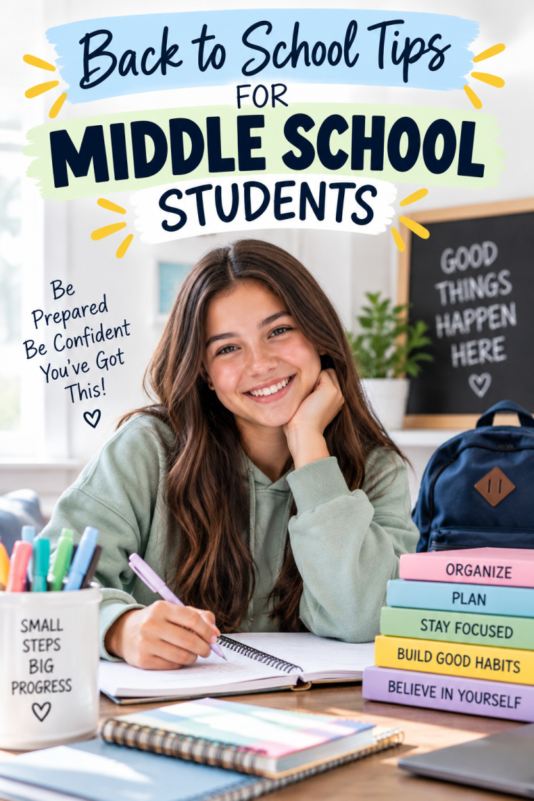 Middle school student studying at a desk with school supplies and tips for staying organized, prepared, and confident.