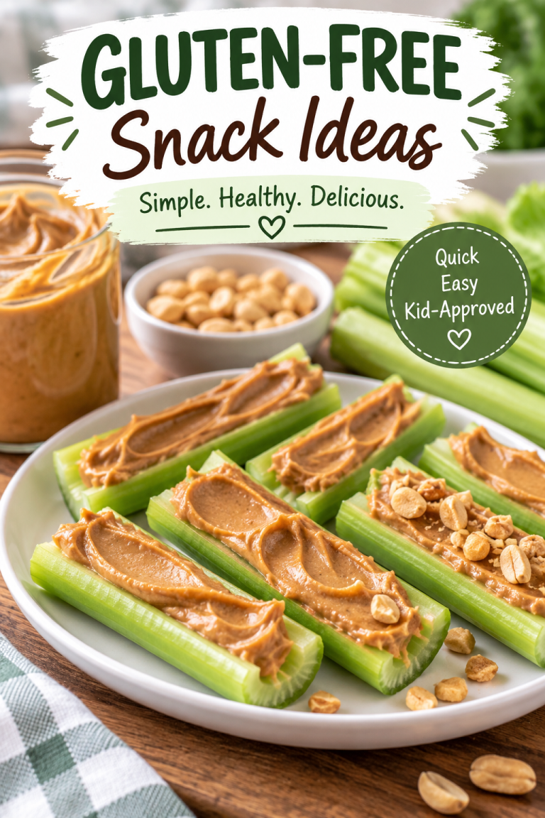Celery sticks with peanut butter and peanuts for a simple gluten-free snack idea.