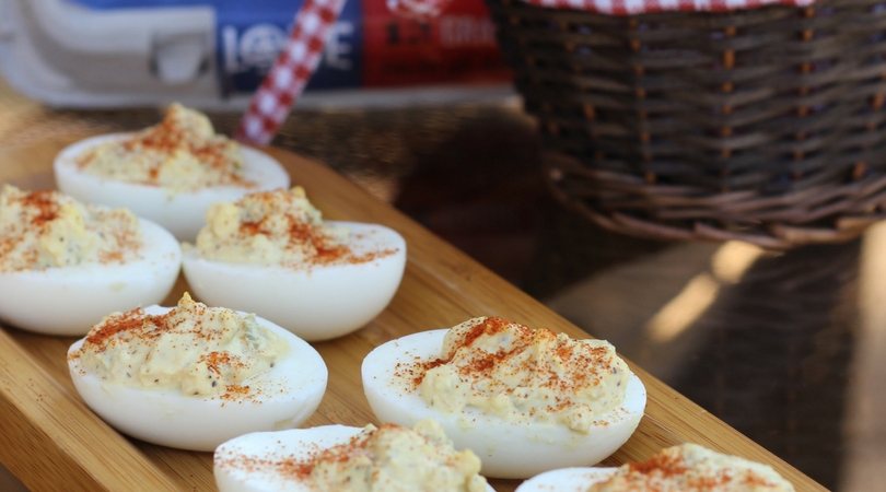 close up image of deviled eggs on a platter