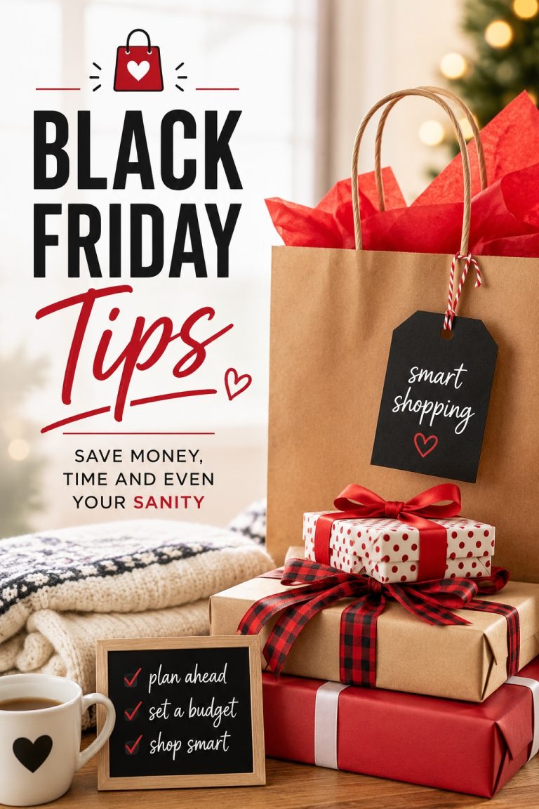 Christmas gifts and shopping bags featuring Black Friday shopping tips to help you plan ahead, shop smart and save money.