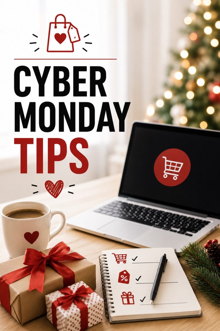 Laptop, shopping checklist and Christmas gifts featuring Cyber Monday shopping tips for finding deals and saving money online.