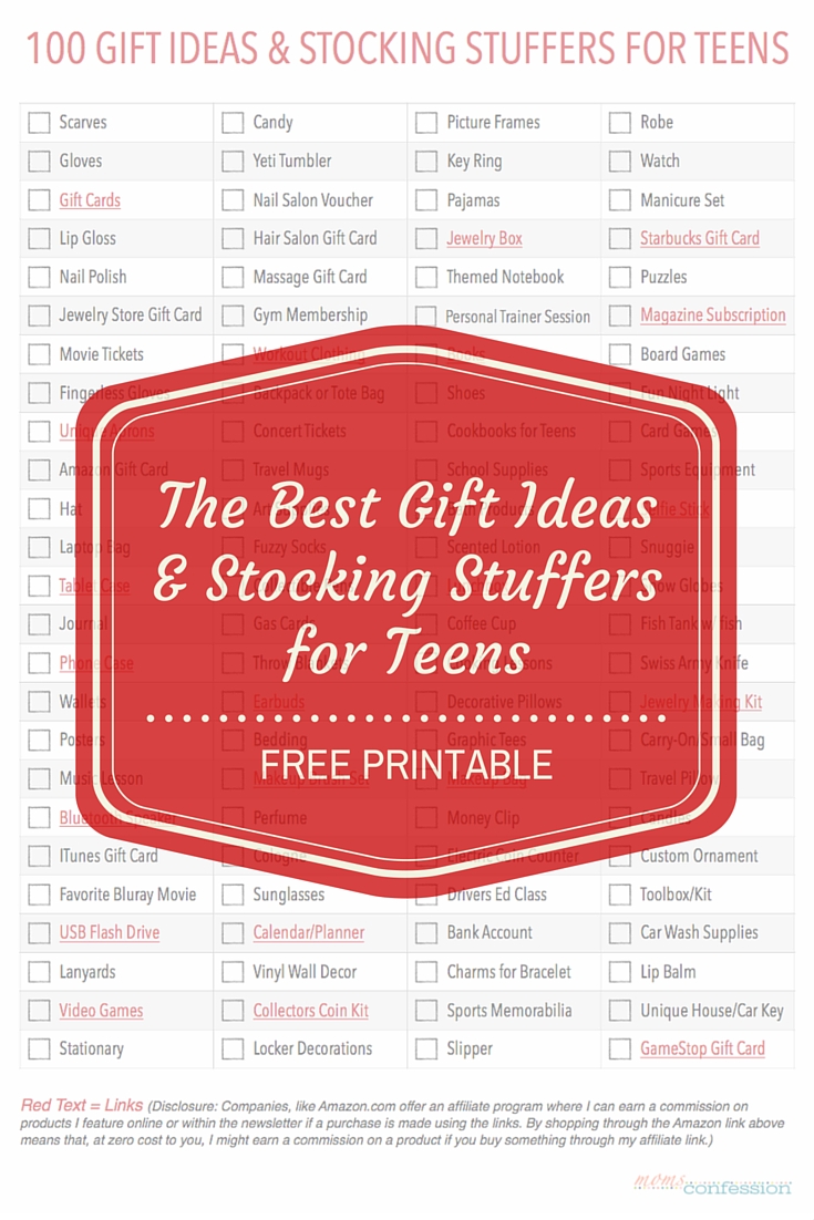 Free printable with 100 of the best gift ideas & stocking stuffers for teens 