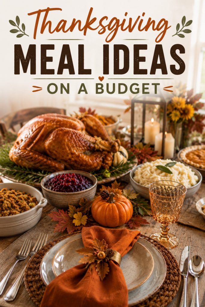 Thanksgiving dinner table with roasted turkey, stuffing, cranberry sauce and mashed potatoes featuring budget-friendly holiday meal ideas.