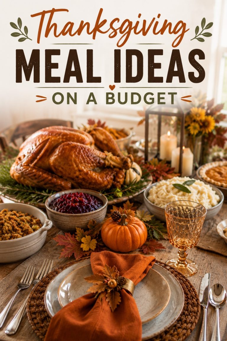 Thanksgiving dinner table with roasted turkey, stuffing, cranberry sauce and mashed potatoes featuring budget-friendly holiday meal ideas.