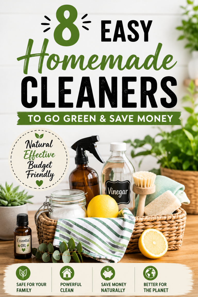 Eight easy homemade cleaners using simple household ingredients for budget-friendly green cleaning around the home.