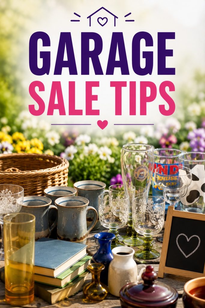 Garage sale tips featuring glassware, dishes, books and household items displayed for a successful and organized garage sale.