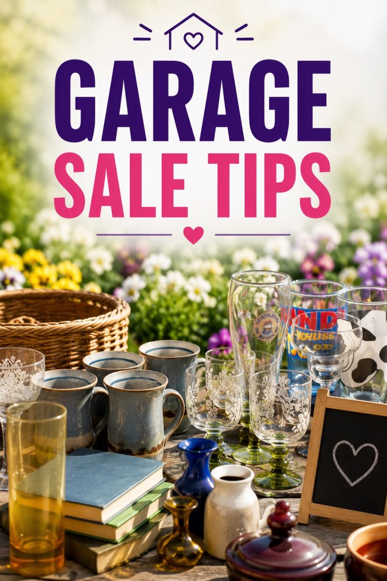 Garage sale tips featuring glassware, dishes, books and household items displayed for a successful and organized garage sale.