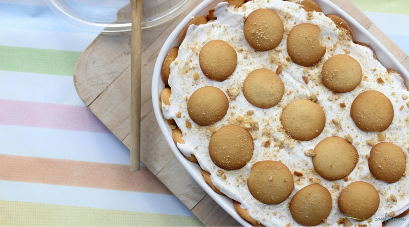 banana pudding in a bowl with a spoon