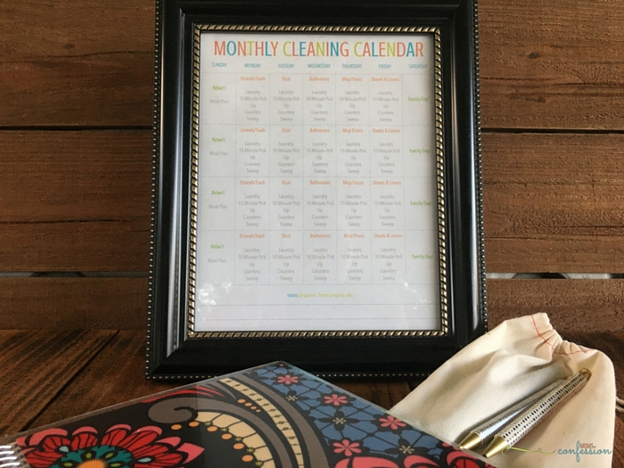 Get your free printable monthly cleaning calendar at Moms Confession and start saving your sanity! Tackle cleaning the house in small tasks each day of the week.