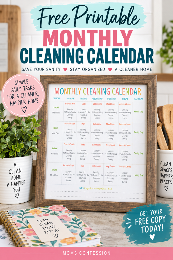 Free printable monthly cleaning calendar with simple daily tasks to help keep your home clean and organized.