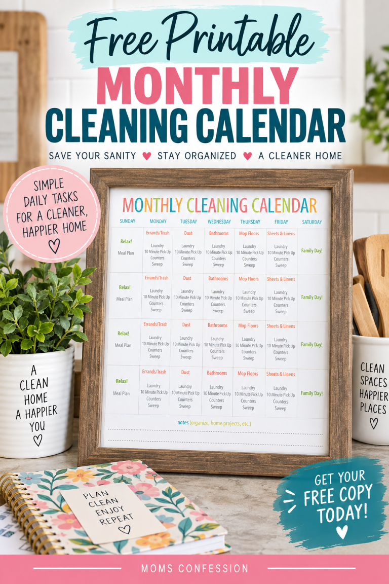Free printable monthly cleaning calendar with simple daily tasks to help keep your home clean and organized.