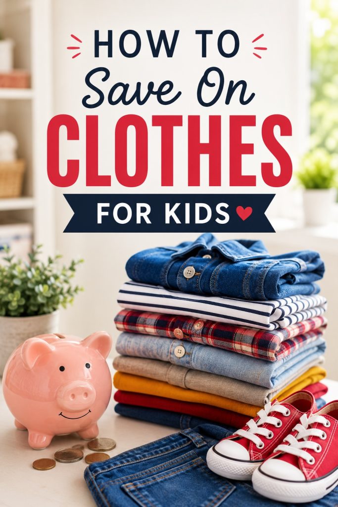 Tips for saving money on kids clothes featuring folded children's clothing, shoes, coins and a piggy bank.
