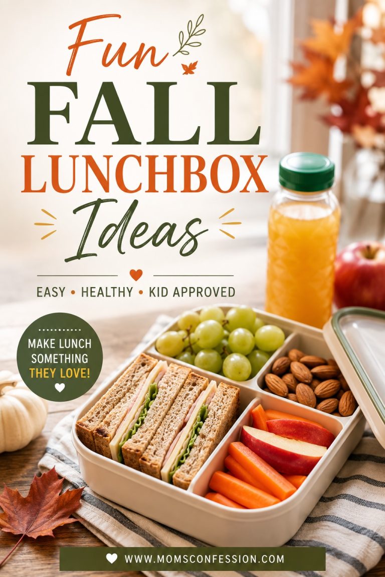 Fall lunchbox with sandwiches, grapes, almonds, apple slices and carrots featuring easy, healthy lunch ideas for kids.