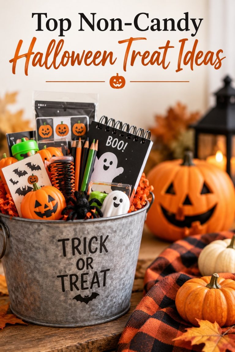Top non-candy Halloween treat ideas for kids featuring a trick-or-treat bucket filled with fun Halloween toys, pencils, stickers and small party favors.