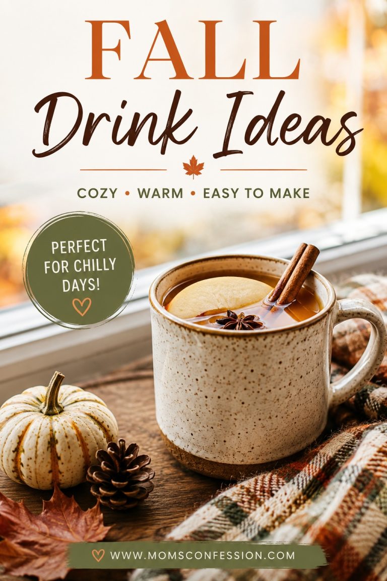 Warm fall drink with apple, cinnamon sticks and star anise in a cozy mug surrounded by pumpkins, pinecones and autumn leaves.