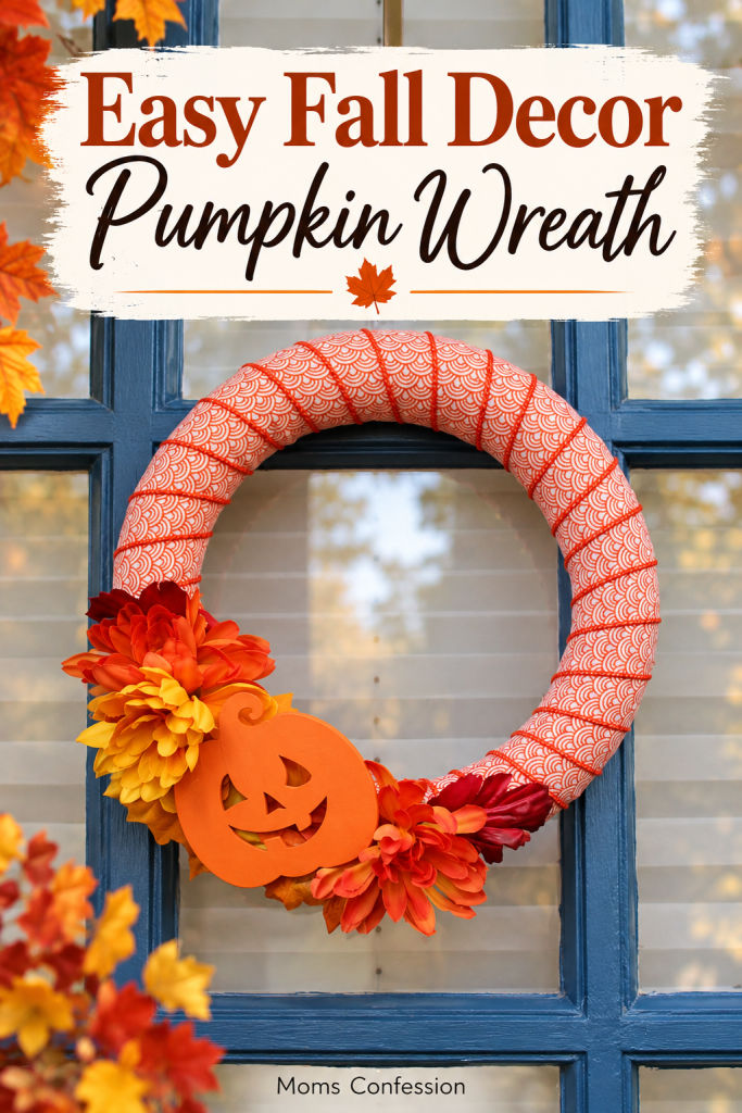 Easy Fall Decor like this Pumpkin Wreath is a great option for making your front door look festive for Fall! Easy DIY pumpkin wreath for fall made with orange patterned fabric, autumn flowers and a pumpkin decoration for simple seasonal door decor.