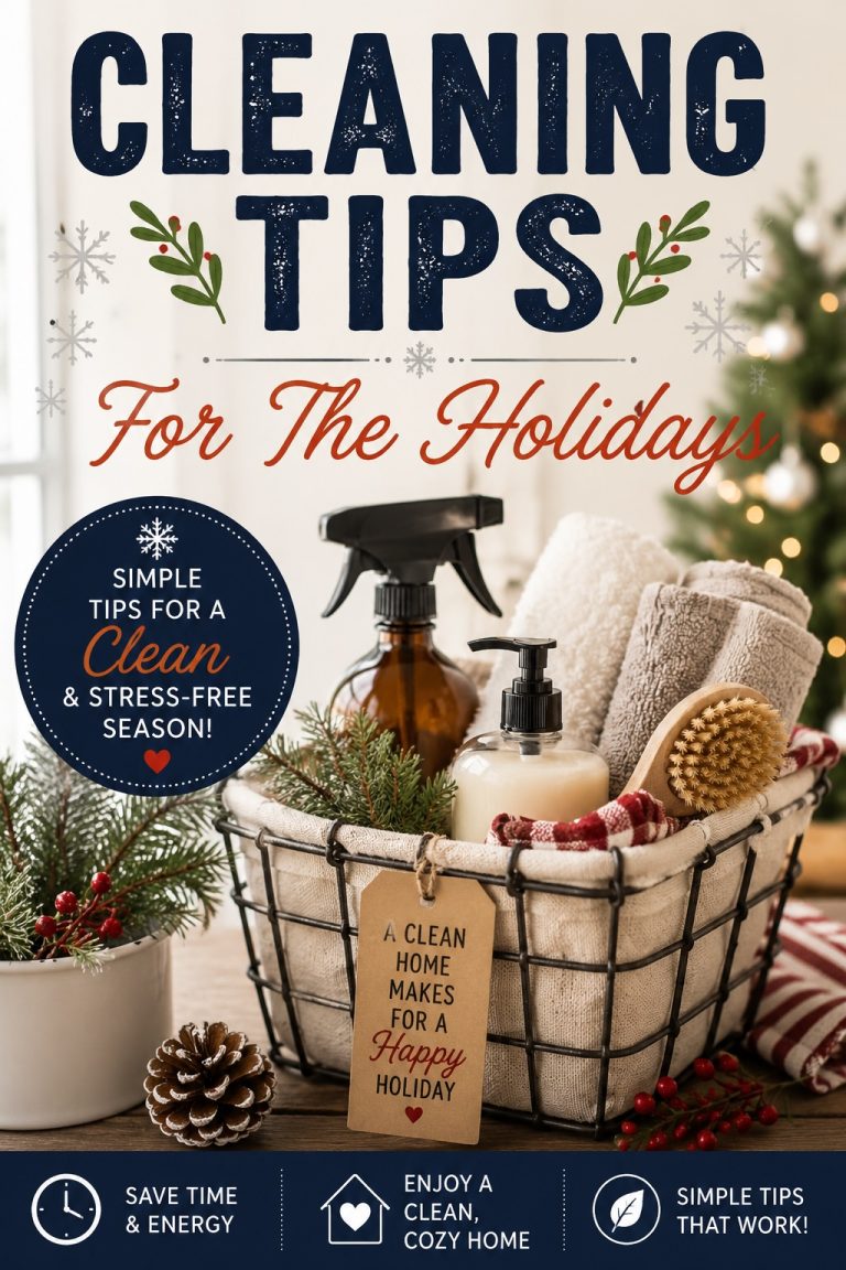 Holiday cleaning tips with cleaning supplies, towels and festive greenery for creating a clean, cozy and stress-free home during the holidays.