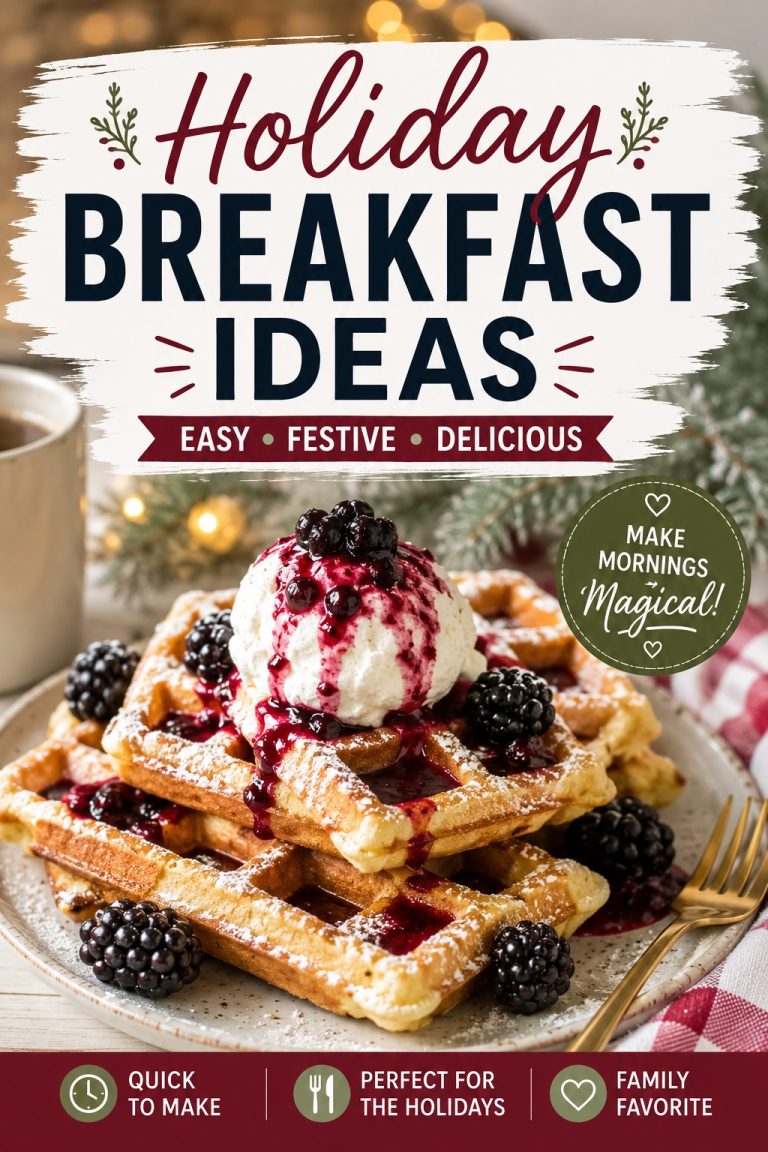 Festive waffles topped with berries, powdered sugar and cream featuring easy holiday breakfast ideas for Christmas morning.