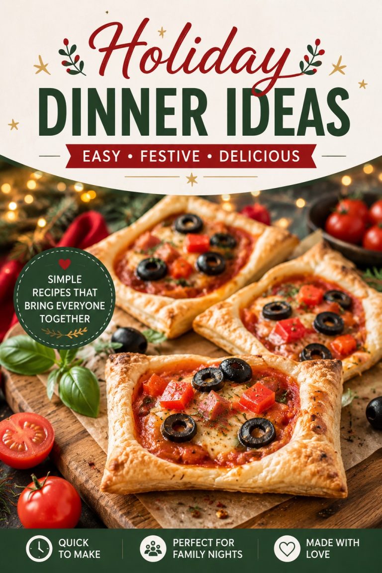 Individual puff pastry pizzas with cheese, tomatoes and olives featuring easy holiday dinner ideas for family gatherings.