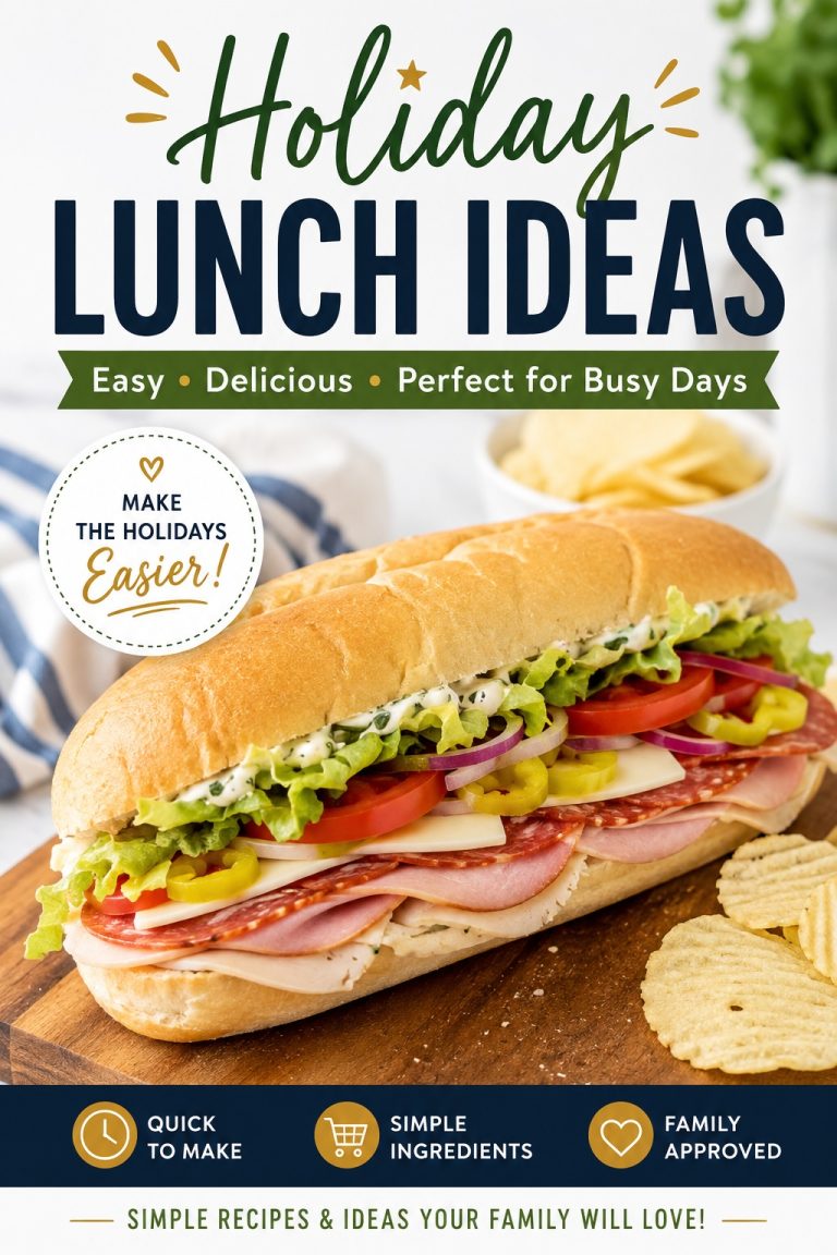 Italian sub sandwich with meats, cheese, lettuce, tomatoes and peppers featuring easy holiday lunch ideas for busy families.