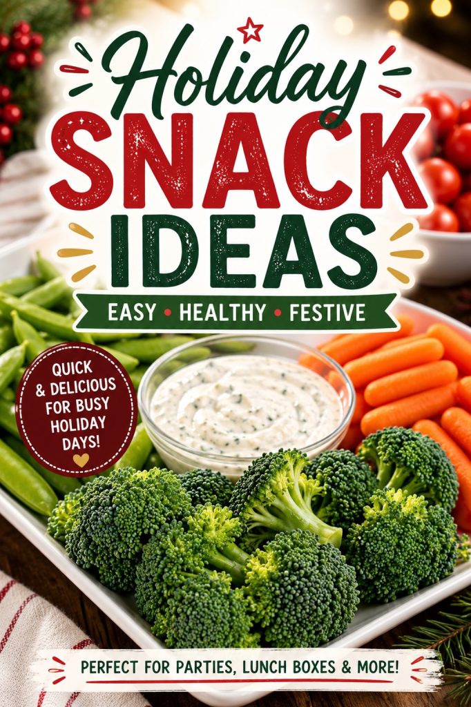 Fresh broccoli, carrots and snap peas with creamy dip featuring easy and healthy holiday snack ideas for parties and gatherings.