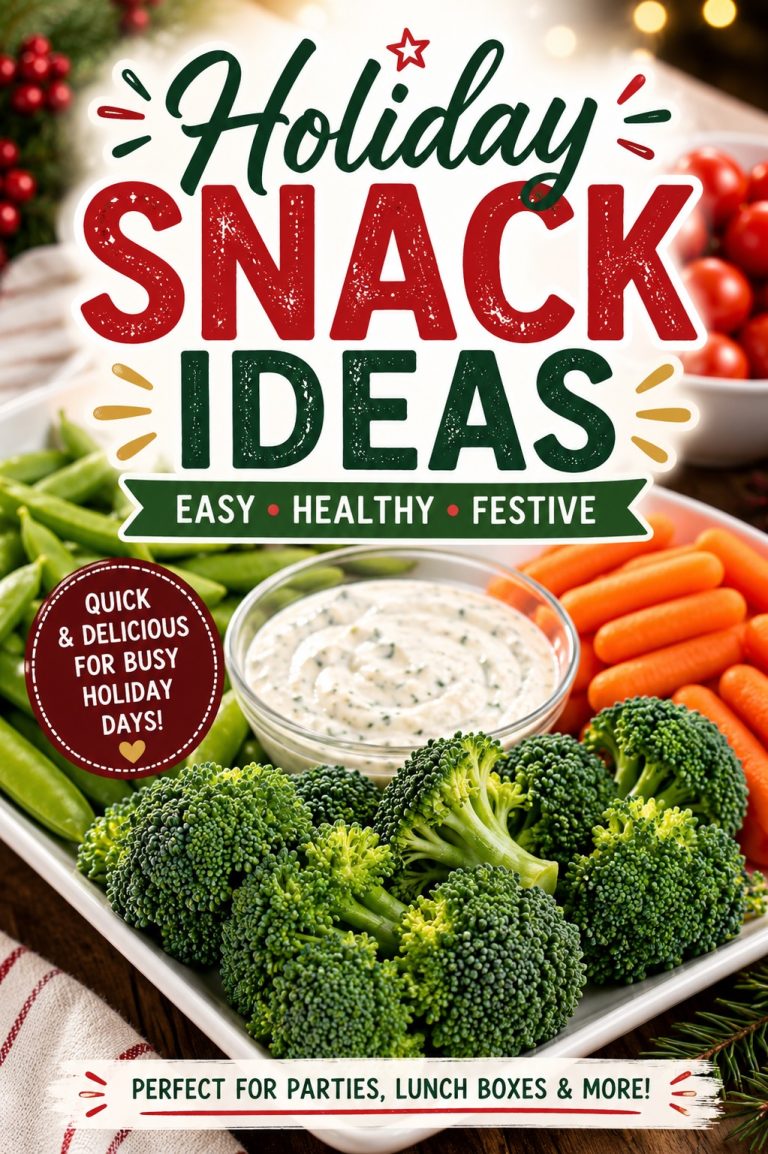 Fresh broccoli, carrots and snap peas with creamy dip featuring easy and healthy holiday snack ideas for parties and gatherings.