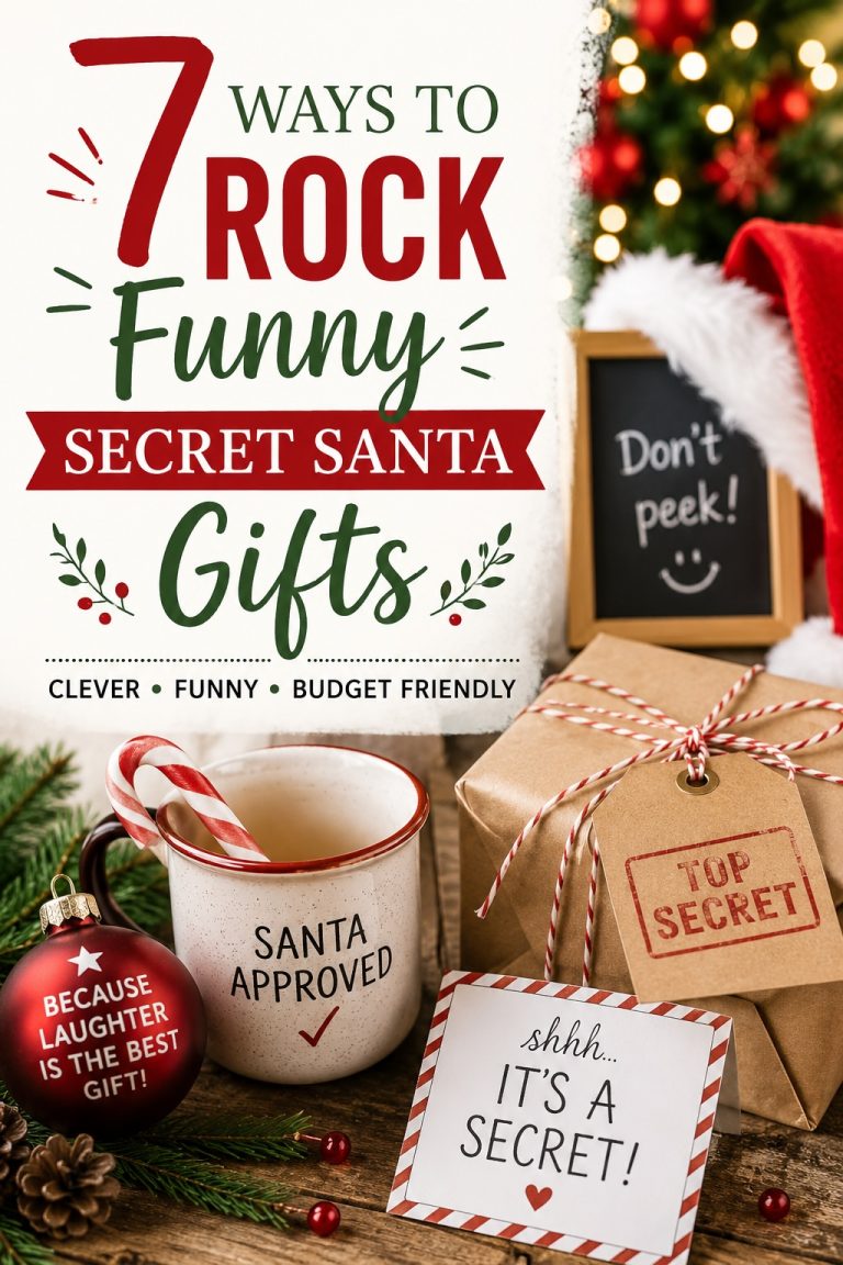 Wrapped Christmas gifts, candy canes and festive decorations featuring funny Secret Santa gift ideas that are clever and budget friendly.