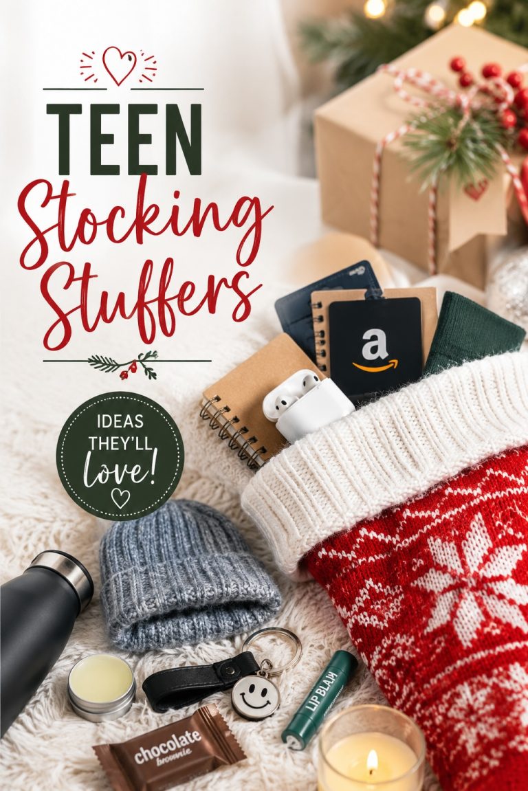 Christmas stocking filled with teen stocking stuffers including gift cards, earbuds, notebooks and small gifts.