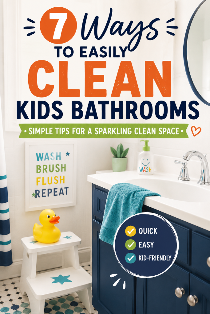 Seven easy ways to clean kids bathrooms with simple cleaning tips for keeping the bathroom clean, organized and kid-friendly.