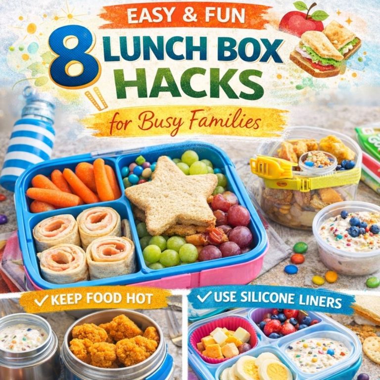 Colorful bento lunch box filled with carrots, sandwich, grapes, and wraps alongside snack containers, showing easy lunch box hacks for busy families including keeping food hot and using silicone liners.