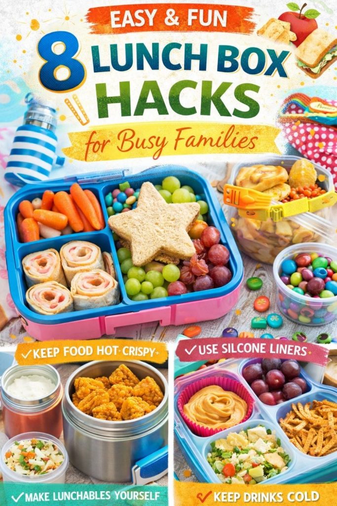 Bright lunch box with sandwich, fruits, wraps, and snacks paired with thermos food and reusable silicone liners, illustrating lunch packing tips like keeping food hot and crispy, making DIY lunchables, and keeping drinks cold.