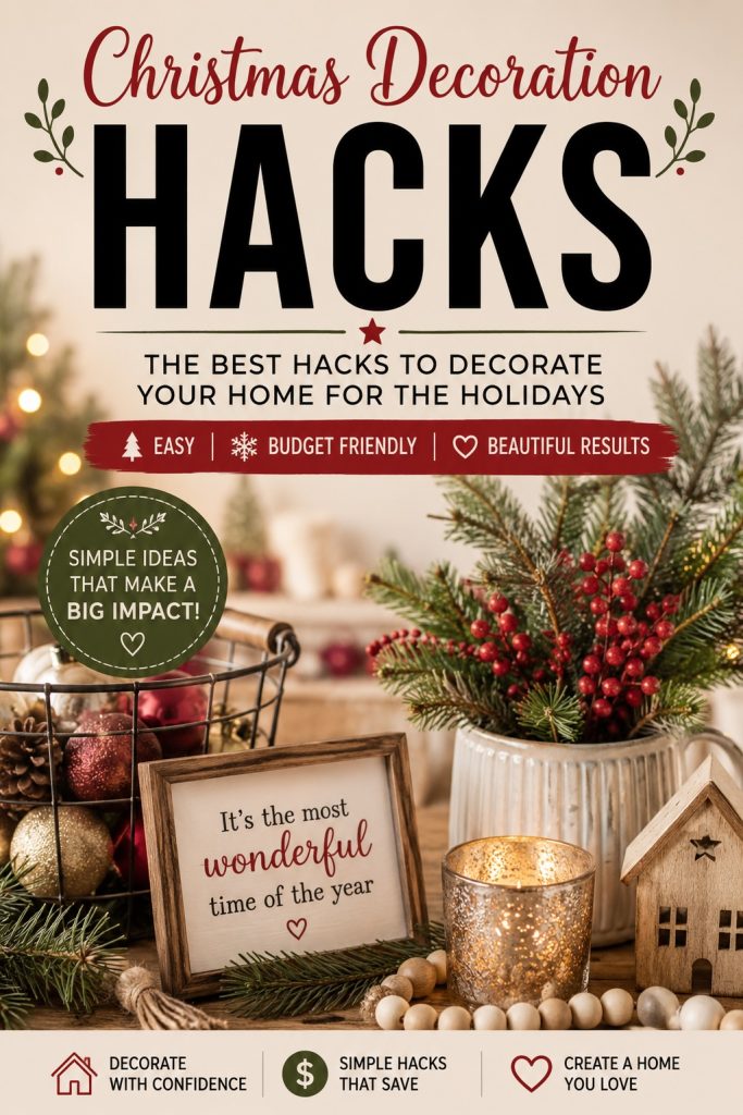 Cozy Christmas decorations with greenery, ornaments, candles and holiday accents featuring easy and budget-friendly Christmas decorating hacks.