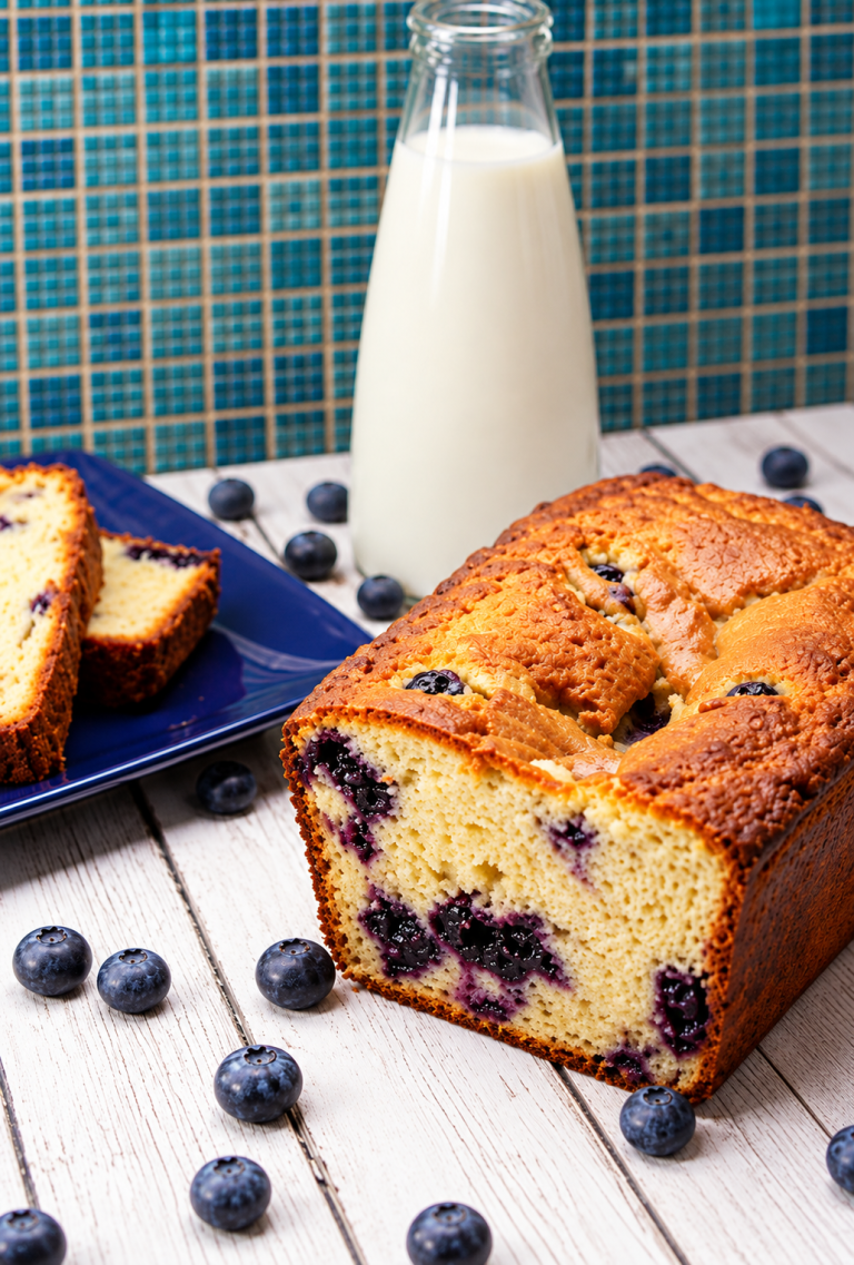 Homemade blueberry muffin bread with fresh blueberries and sliced bread served with milk