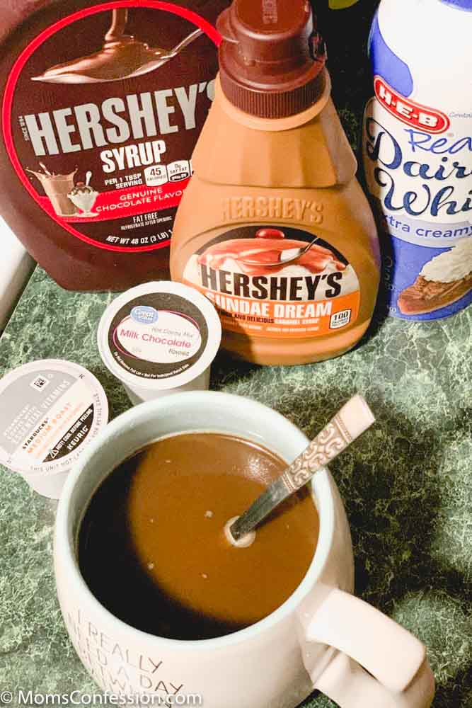 overhead photo of Chocolate Mocha Coffee Recipe ready to enjoy with ingredients in the background