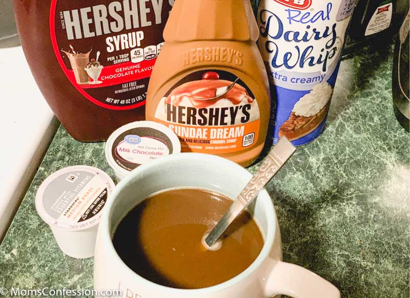 overhead photo of Chocolate Mocha Coffee Recipe ready to enjoy with ingredients in the background