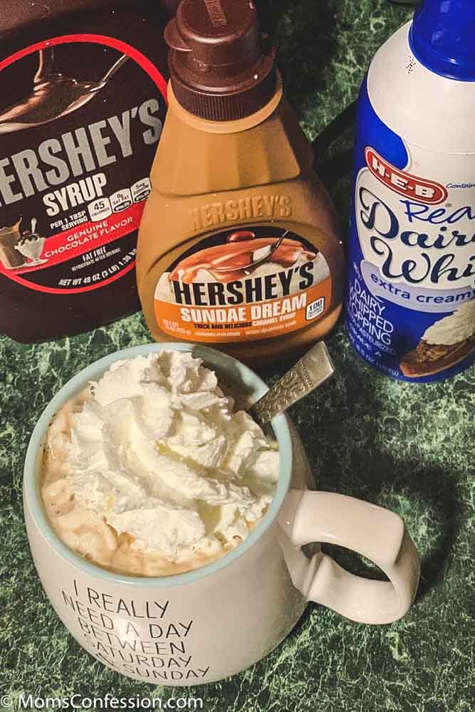 overhead photos of Chocolate Mocha Coffee Recipe ready to enjoy with chocolate and caramel syrup in the background