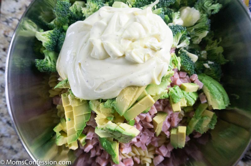 Leftover Ham Pasta ingredients in a bowl ready to be mixed together