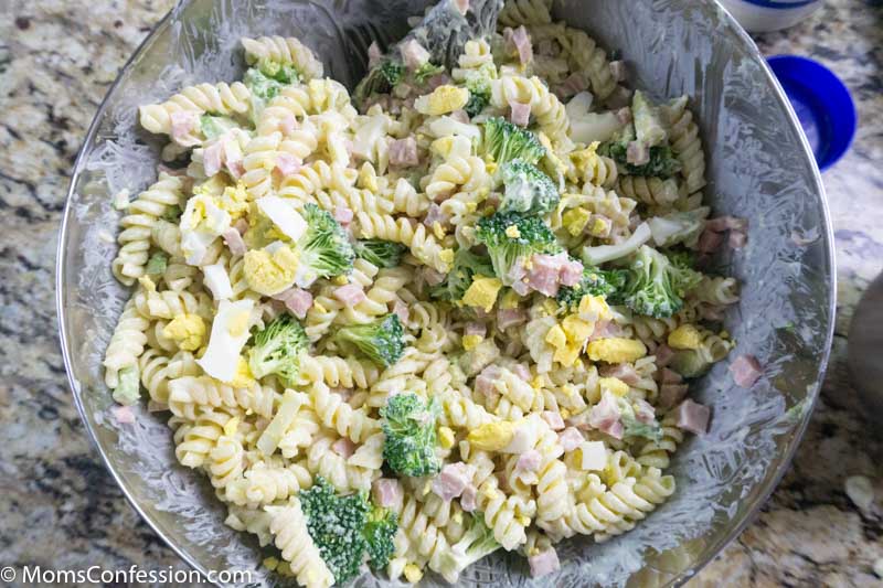 Leftover Ham Pasta in a bowl mixed together