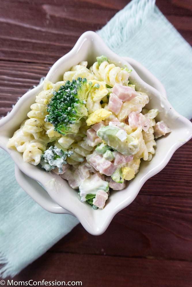 Closeup Overhead photo of Leftover Ham Pasta Recipe in a white square bowl on a table ready to eat.