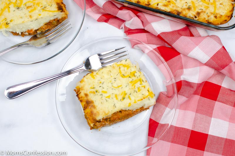 overhead image of Easy Shepherd’s Pie on a clear plate with a fork