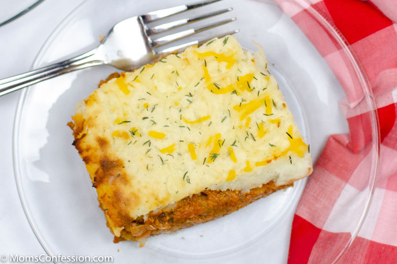 close up and overhead photos of Simple Shepherd’s Pie Recipe on a clear plate with a fork