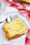 overhead photo of Simple Shepherd’s Pie Recipe with a fork on a clear plate