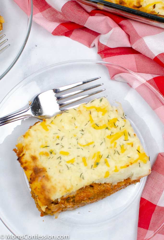 overhead photo of Simple Shepherd’s Pie Recipe with a fork on a clear plate