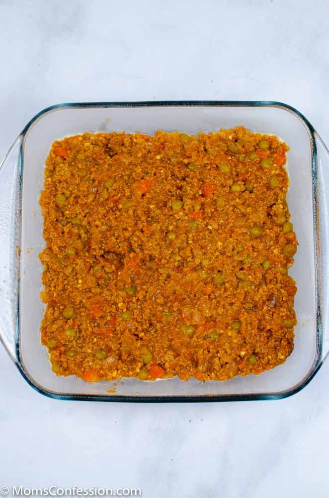 Simple Shepherd’s Pie Recipe filling in a square baking dish